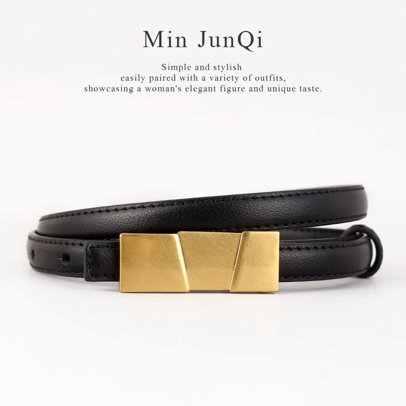 casual split leather rectangular buckle thin belt for dress women