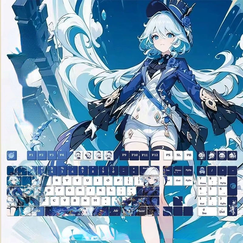 128 Keys/Set Genshin Impact Furina PBT Keycaps Anime Games Beauty Girl Key caps Cherry Height for DIY Mechanical Keyboards