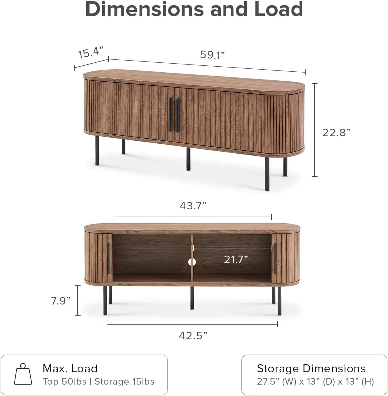 Soporte de TV Tambour de 59 pulgadas, centro de entretenimiento estriado, consola de TV moderna de mediados de siglo, soportes de televisión para TV de 65 pulgadas, medios de madera