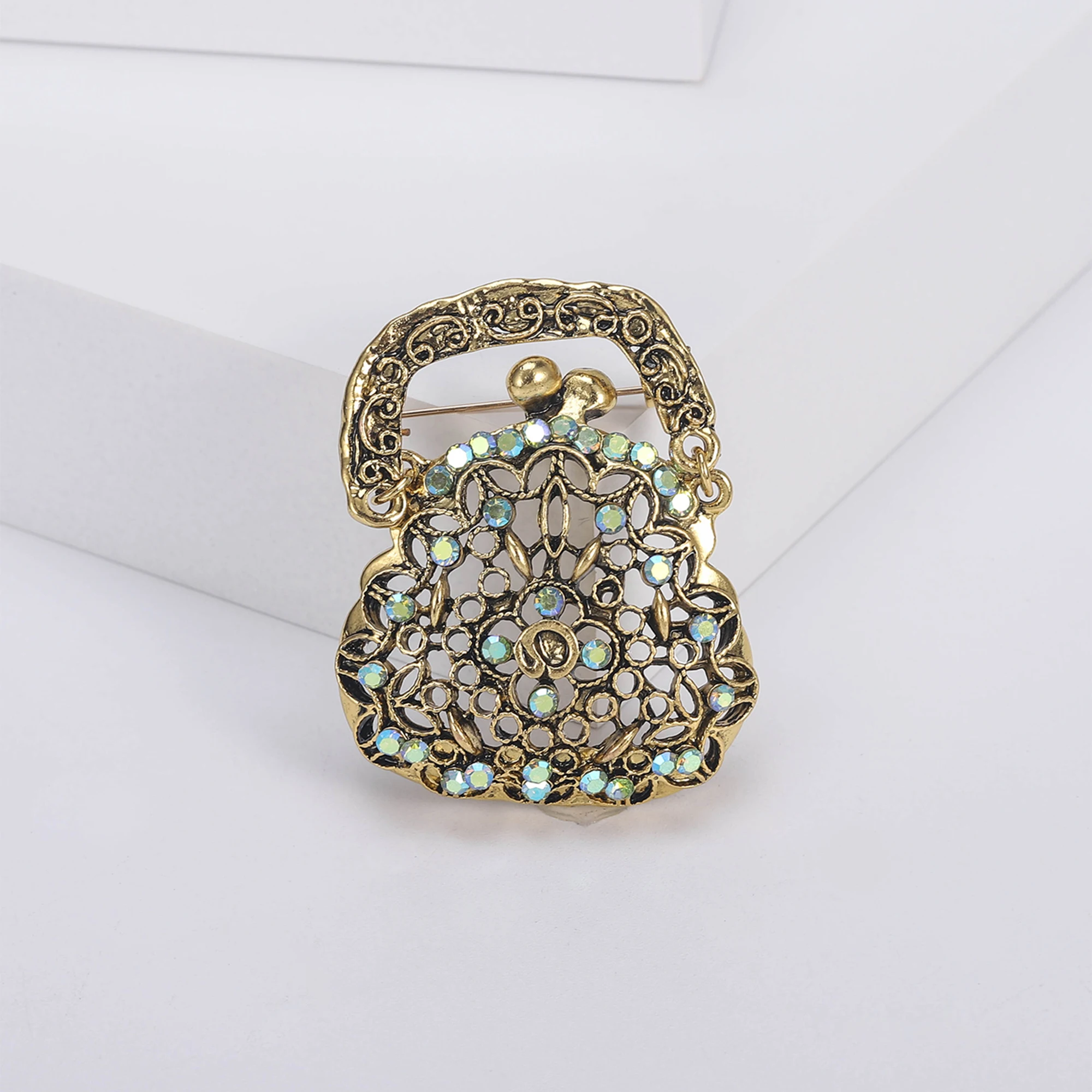 Beaut&Berry Classical Hollow Out Rhinestone Bag Brooches for Women Handbag Pins Office Party Casual Jewelry Gifts