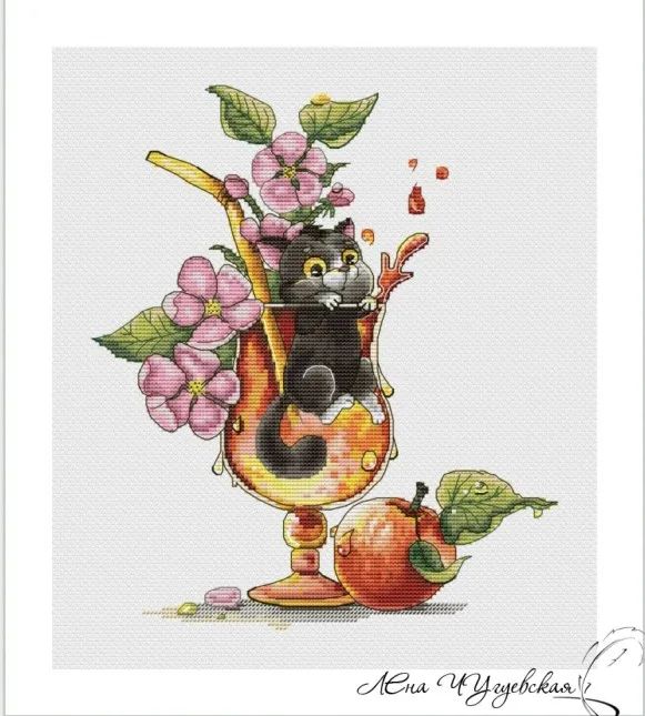 

in the cup 6 - Apple cat 32-35 Embroidery,DIY 14CT Unprinted Arts Cross stitch kits Set Cross-Stitching Home Decor