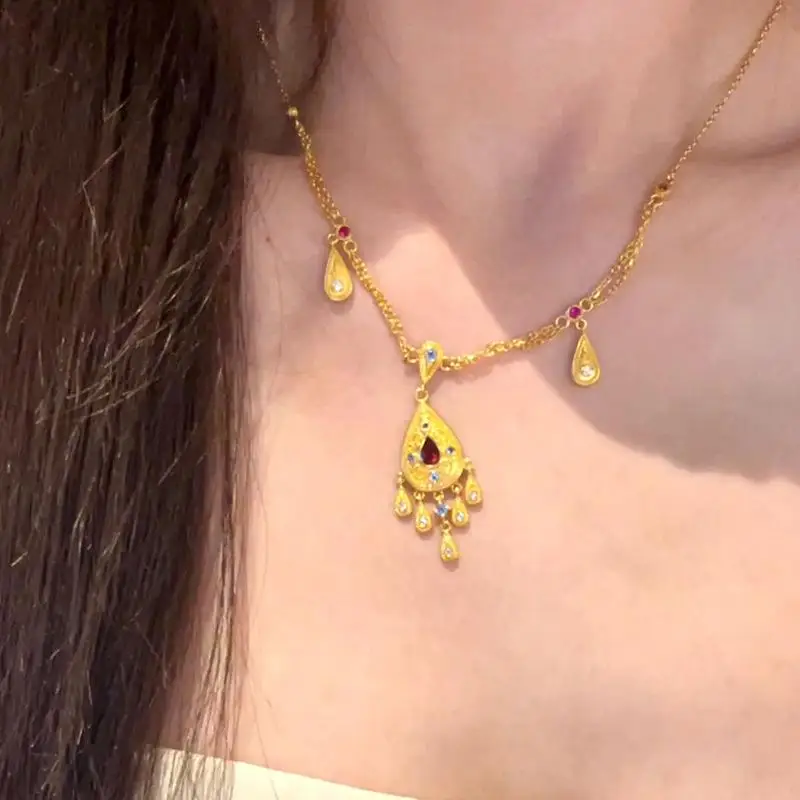 레트로 궁전 스타일 물방울 술 루비 목걸이 보석 라이트 럭셔리 펜던트 여성 파티 웨딩 파인 쥬얼리