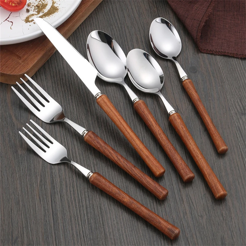 Wooden Handle Cutlery Set 304 Stainless Steel Knife Fork Spoon Teaspoon Dinnerware Set  Japanese Tableware Kitchen Utensils