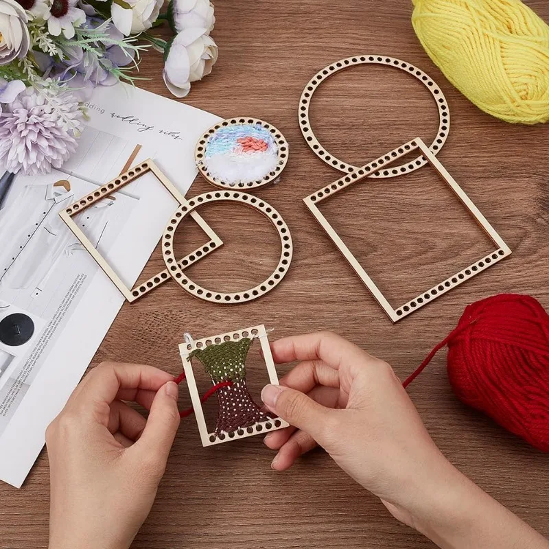 6Pcs Wooden Mini Weaving Loom Kit Rectangle Round Looms for Hanging Decor Woven Tapestry DIY Craft