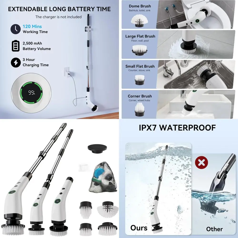 

Cordless Waterproof Spin Scrubber with Adjustable Handle and 8 Brush Heads for Home Cleaning
