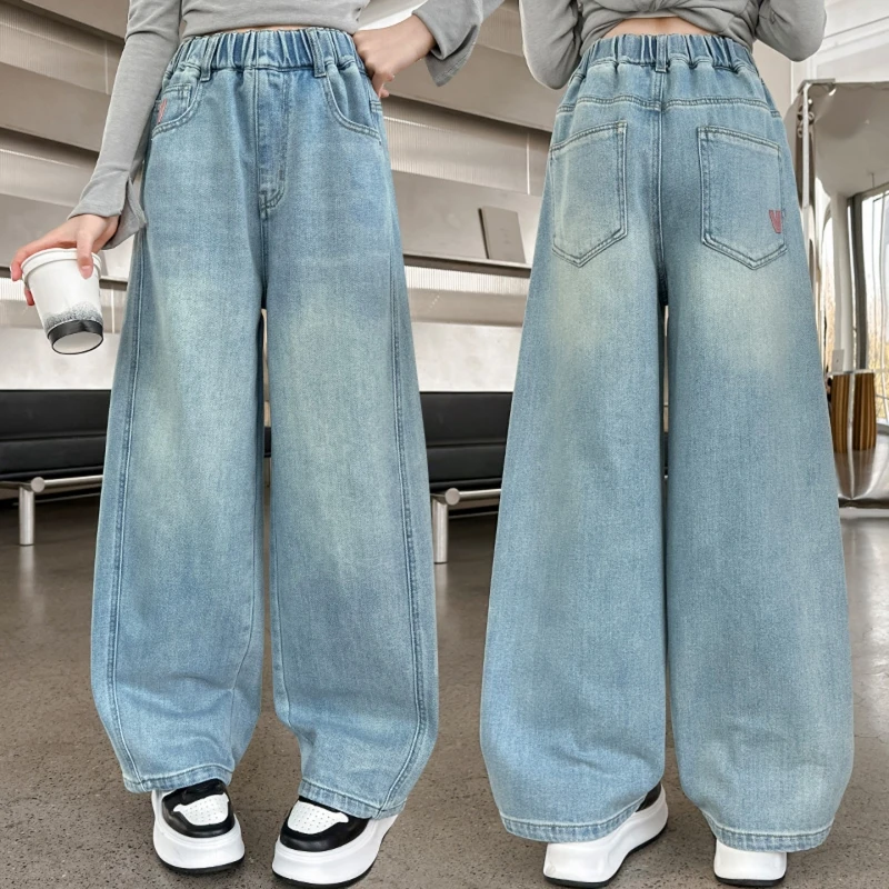 Girls' Wide-Leg Jeans with V-Shaped Embroidery, Light Wash, Loose Denim Pants, Casual School Trousers, Girls 6-16Y