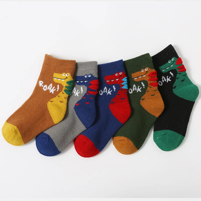 5Pairs/Lot Children's Cartoon Dinosaur Middle Socks Spring and Autumn Boys' Sports Sweating Socks 3-10 Years Old