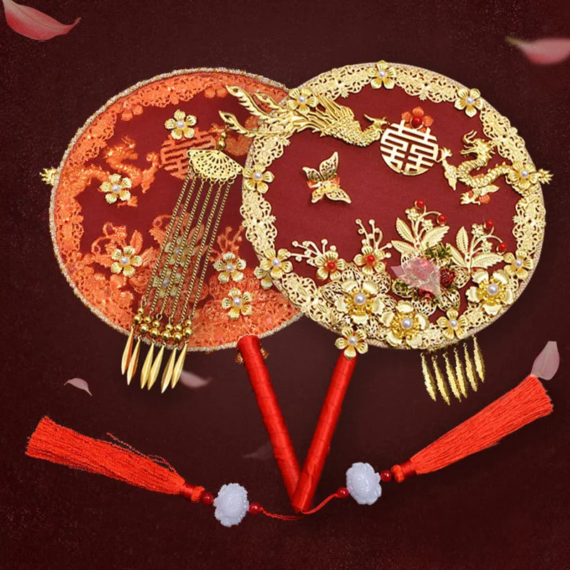 Chinese Style Wedding Dress Bridal Hand Fans Handmade Luxurious Phoenix Flower Round Xi Fans Red/Gold Xiuhe Hanfu Photo Props