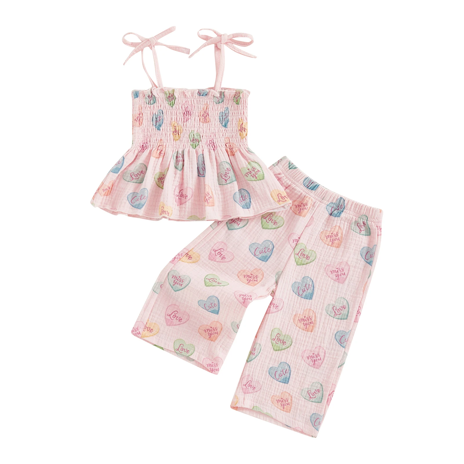 Toddler Girl Valentines Day Outfits Letter Heart Print Smocked Tie-up Spaghetti Strap Tops Loose Pants 2 Piece Set