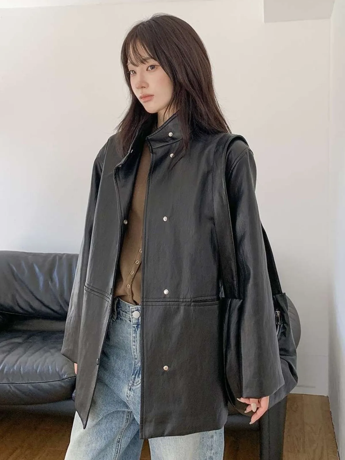 Korean Sle Retro Biker Jaet Belted Waist PU Leather Coat Women's Faion Autumn Winter New Arrival Versatile Outerwear