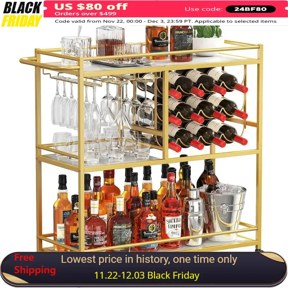 Bar cart, 3-tier beverage cart with locking wheels, 12 wine racks and 3 rows of glass racks, hall passengers, service carts