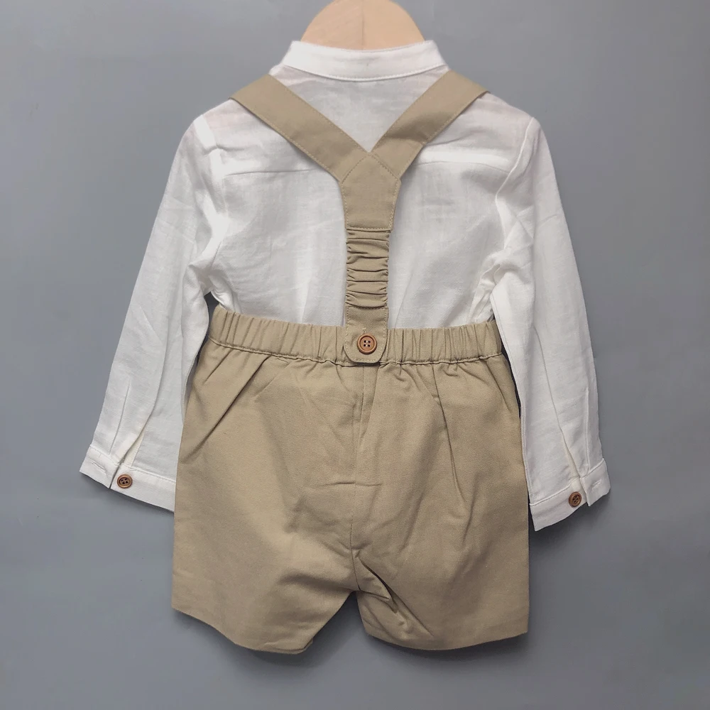 Children Boutique Clothing Toddler Boys Cotton Long Sleeve Shirt Khaki Linen Straps Shorts Eid Clothes Baptism Spanish Style