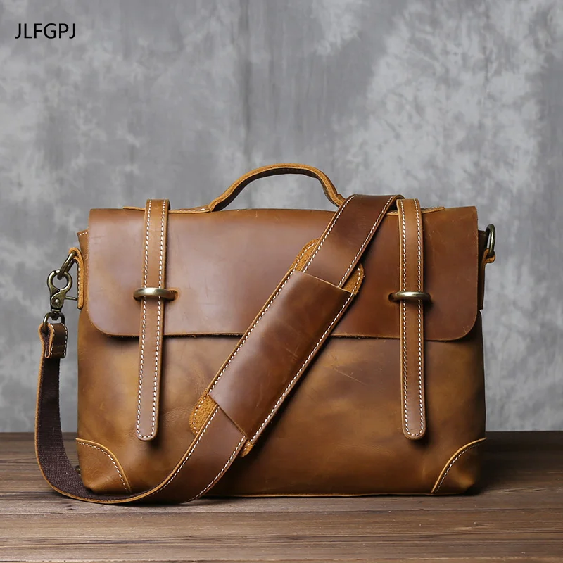 Crazy Horse Leather Men\'s Vintage Commuter Handbag Top Cowhide Old Messenger Bag Casual Versatile One Shoulder Crossbody Bag