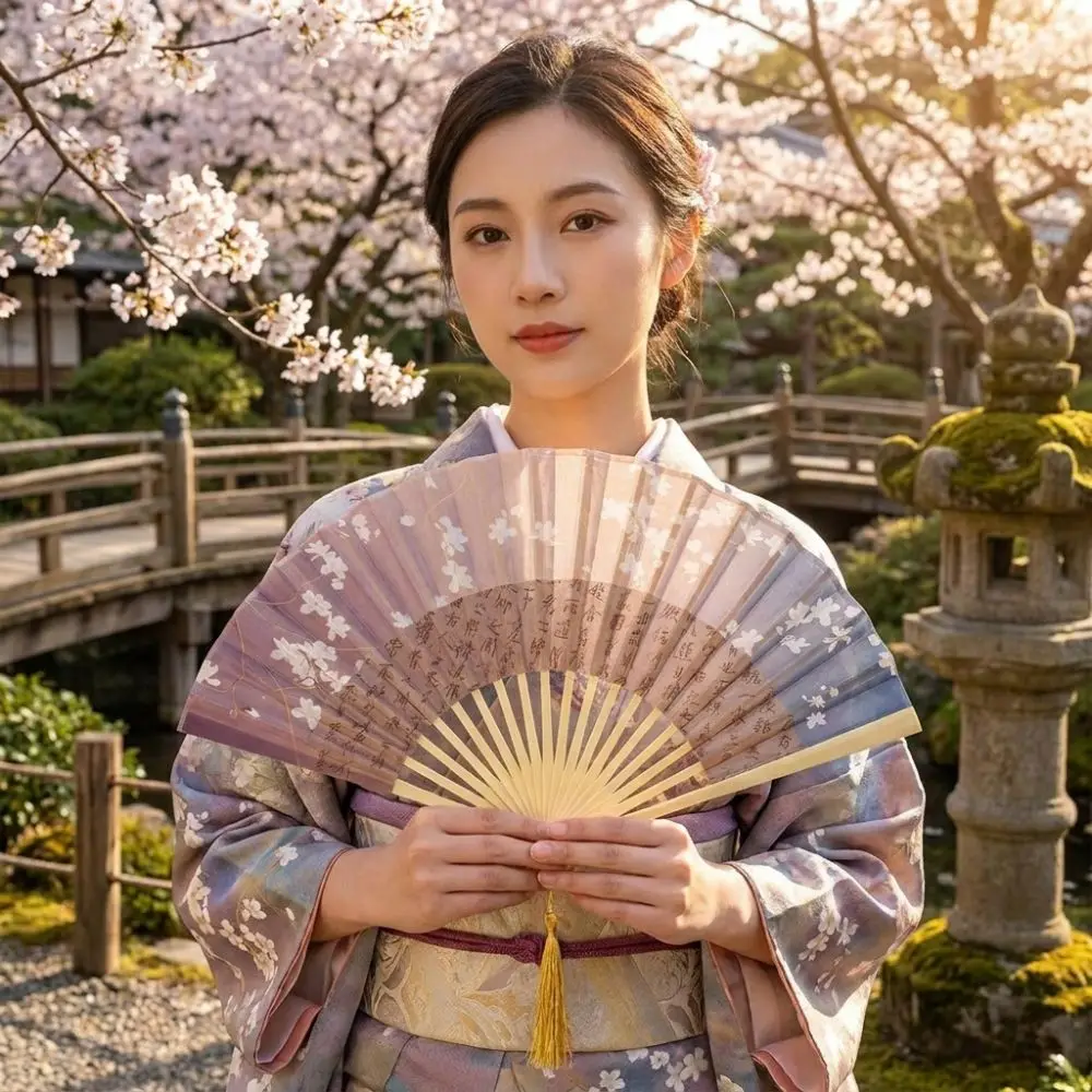 Portable Ancient Style Printing Folding Fan Vintage Exquisite Handheld Fan with Tassel Flower Pattern Bamboo Fan Photo Props