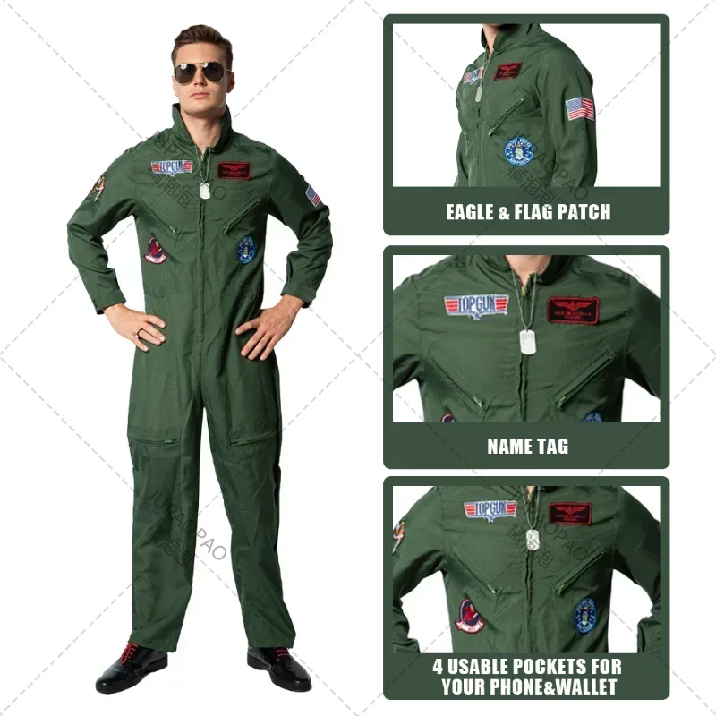 Top Gun Movie Cosplay Uniforme dell'aeronautica americana Costumi di Halloween per uomo Adulto Esercito Verde Pilota Tuta Astronauta MN11