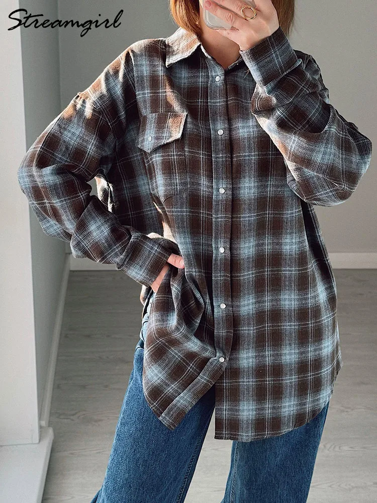 Plaid Oversized Shirts For Women Office Autumn Winter Loose Buttoned Shirt Pocket Long Sleeve Shirts Oversized Vintage Blouses