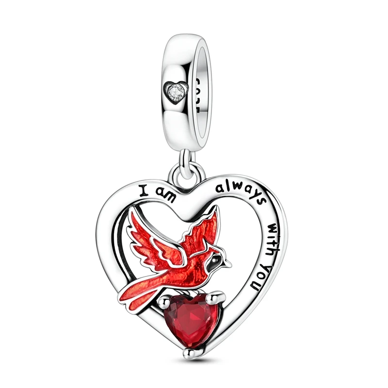 Red Cardinal Bird Heart Dangle Charm 925 Sterling Silver Bead Engraved 