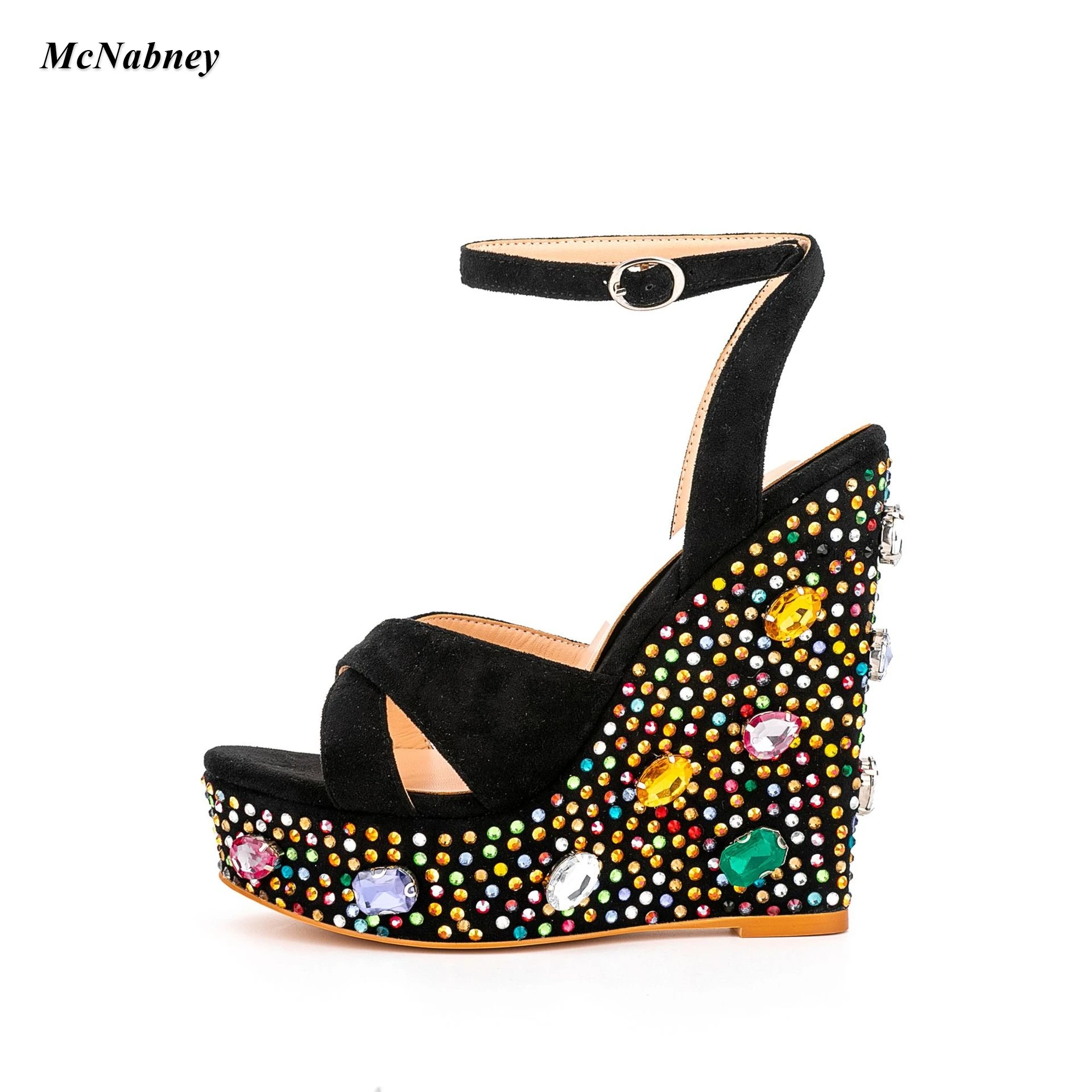 

2023 Summer Women Multicolour Rhinestone Wedges Sandals Platform Peep Toe Buckle Strap Shiny Thick High Heels Elegant Lady Shoes