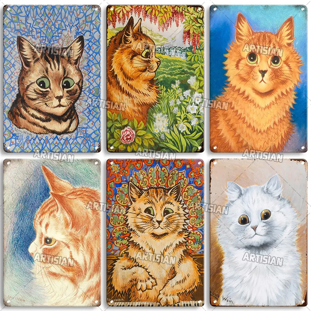 ARTISIAN Louis William Wain Painting Metal Tin Sign Cat Metal Plaque Wall Plate Man Cave Club Cafe Industrial Decor Metal Signs