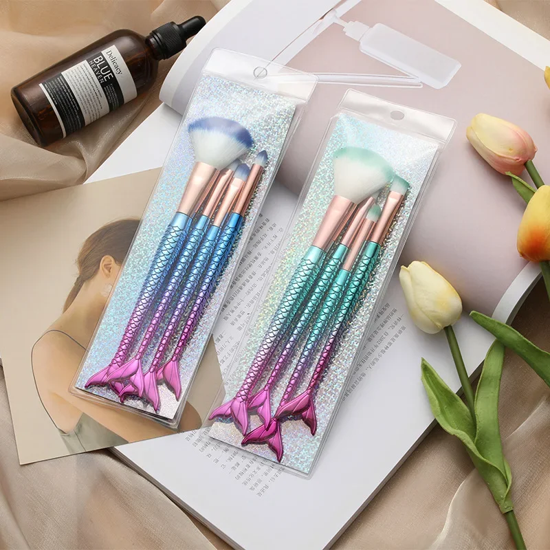 Lucky-Girls four-piece suit mermaid makeup brush fiber colorful soft hair loose powder brush beauty makeup tools