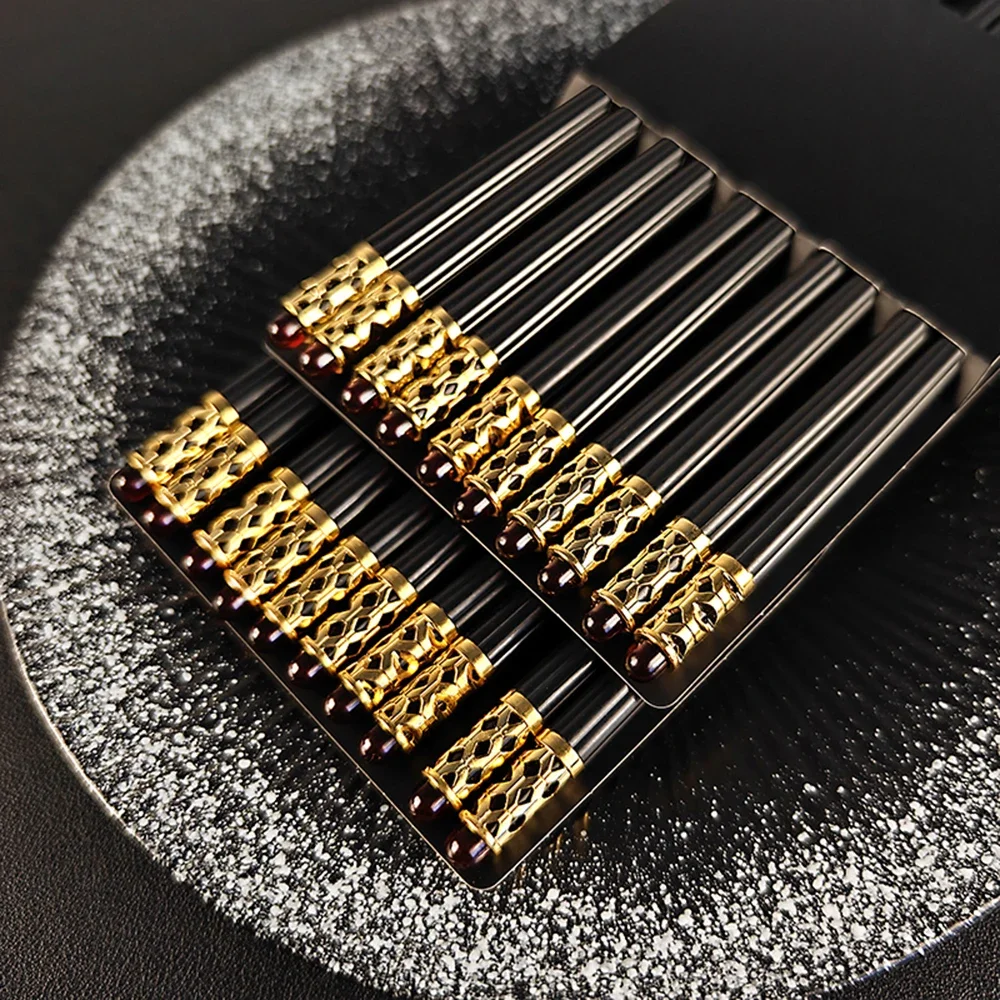 5/10 Pairs Black Anti-slip High-end Alloy Chopsticks, Househ