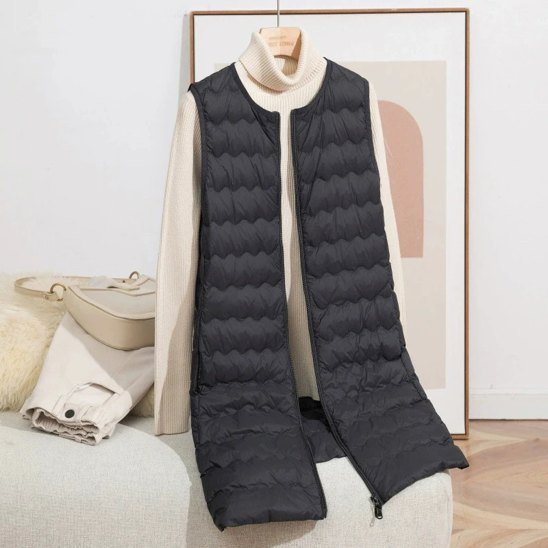 Autumn Winter Sleeveless Jacket 2026 New High-Quality Fashion Women's Lightweight White Duck down Long Collarless Vest