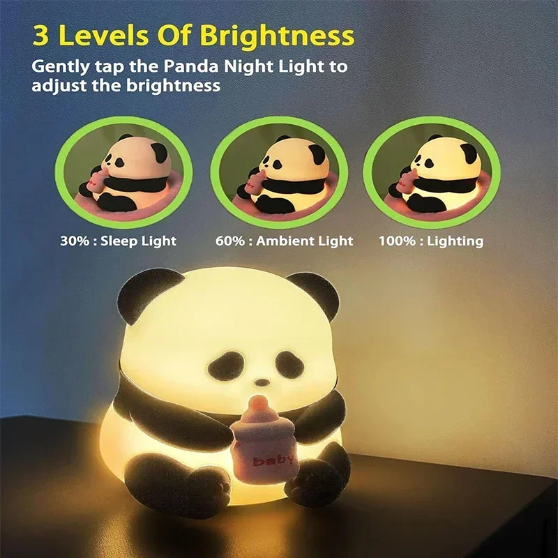 Niedliche Panda-Nachtlichter aus Silikon, wiederaufladbare LED-Nachtlichter mit Tierdekor, Kawaii für Geburtstagsgeschenke/Schlaf,