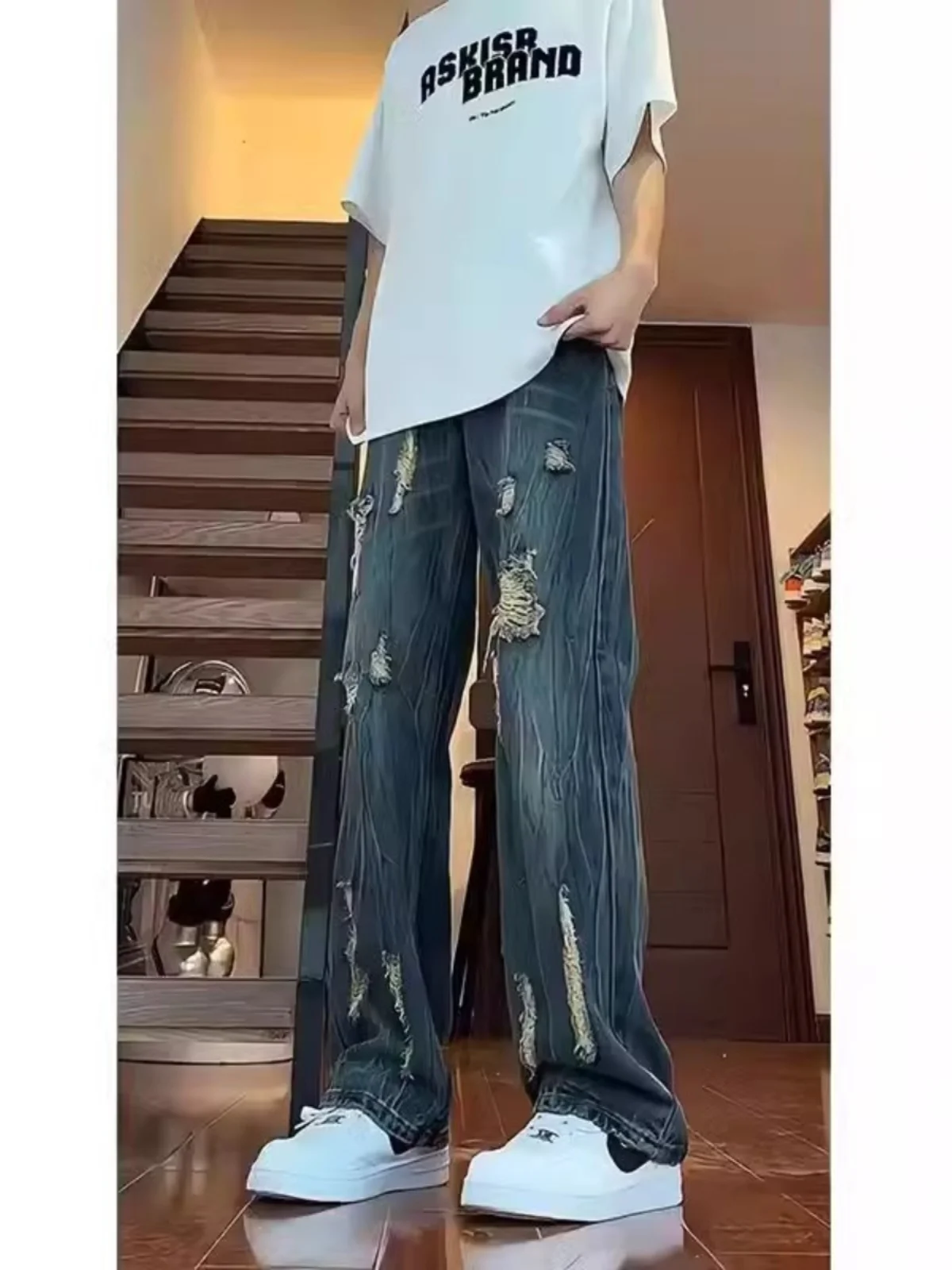 

Американские ретро-джинсы синего цвета для мужчин, в стиле High Street, прямые, слегка расклешенные, длинные брюки, повседневные летние джинсы