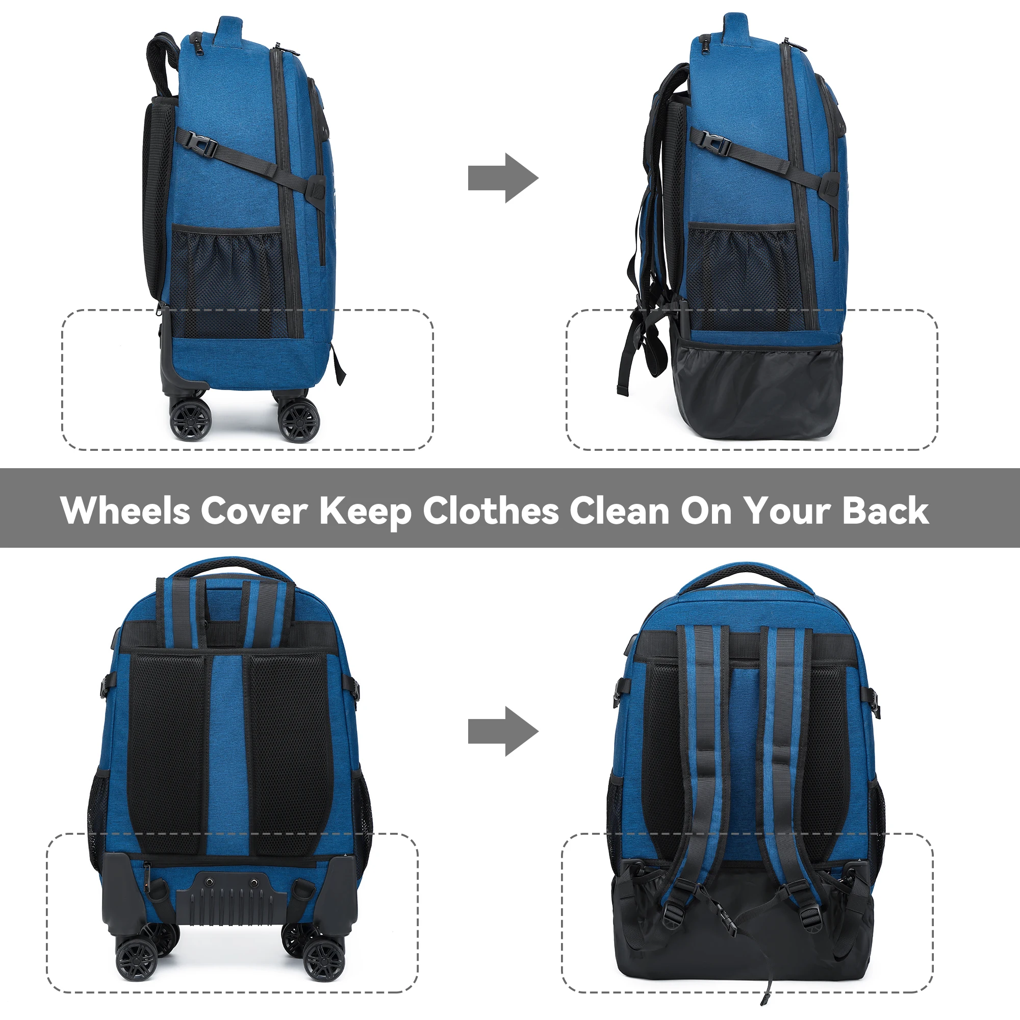 24 inch Rolling Backpack Water-Proof Travel Backpack with Detachable Wheels Rolling Wheeled Backpack for Business Travel 2 Pack