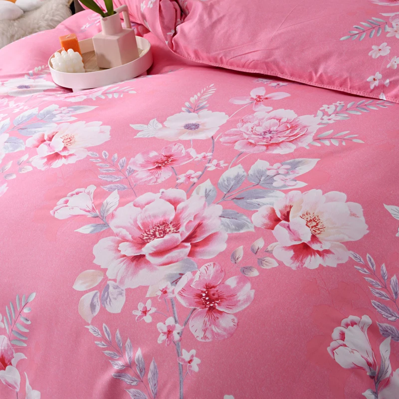 4pcs Pink Floral Bedding Set, Soft Breathable Bed Linen with Duvet Cover, Pillowcases & Sheet, Full/Queen/King Size