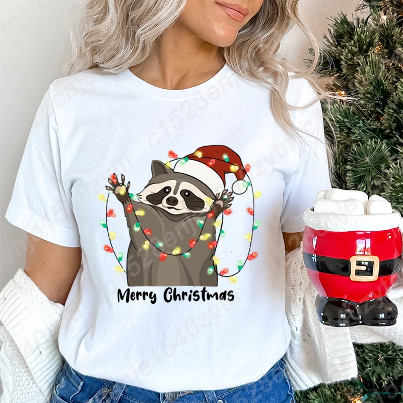 Christmas Light Racoon Merry Christmas Graphic T-Shirts Women Short Sleeve Round Neck Tee Shirts Summer Casual Ladies Loose Tops