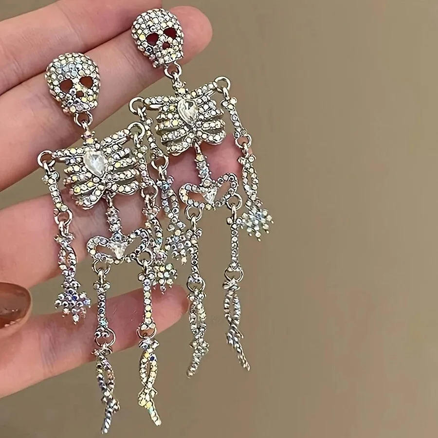 Leichte Luxus Voller Strass Schädel Ohrringe für Frauen Mode Übertrieben Skelett Anhänger Ohrringe Halloween Party Schmuck Geschenk