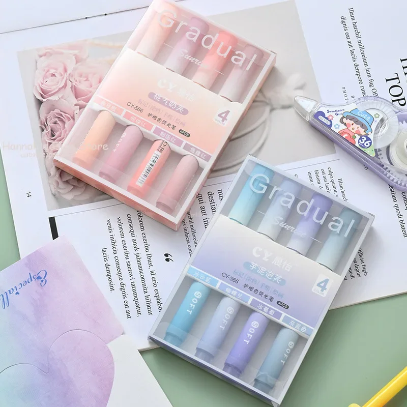 4pcs/set Color Gradient Highlighter Pens Kawaii Stationery Students Marker Pen Drawing Tool Cute School Office Supplies