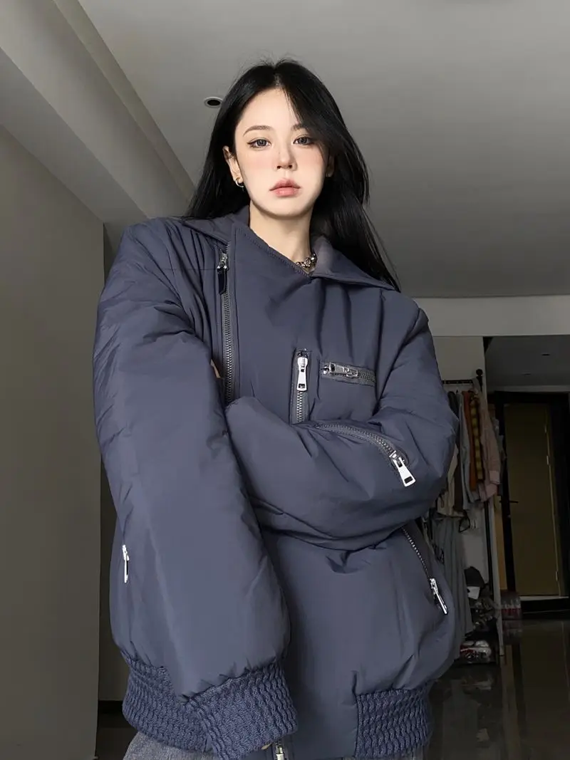 봄버 재킷 여성용 재킷 스트리트웨어 가을 소프트쉘 플리스 안감 플러피 플레어 플랩 접이식 패널 따뜻하고 편안함