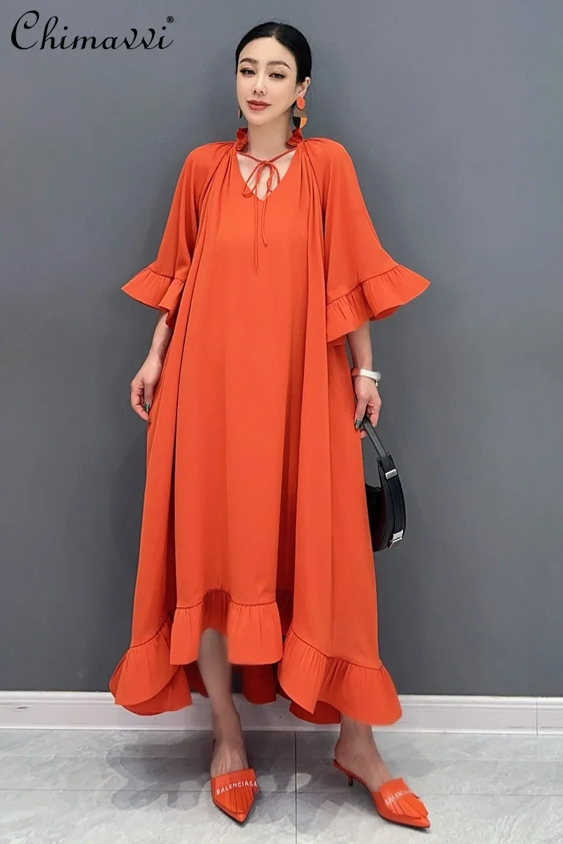 

Autumn 2024 New Women's V-neck Flare Sleeves Loose Ruffle Edge Big Swing Long Dress Loose Mid-length Temperament Holiday Dress