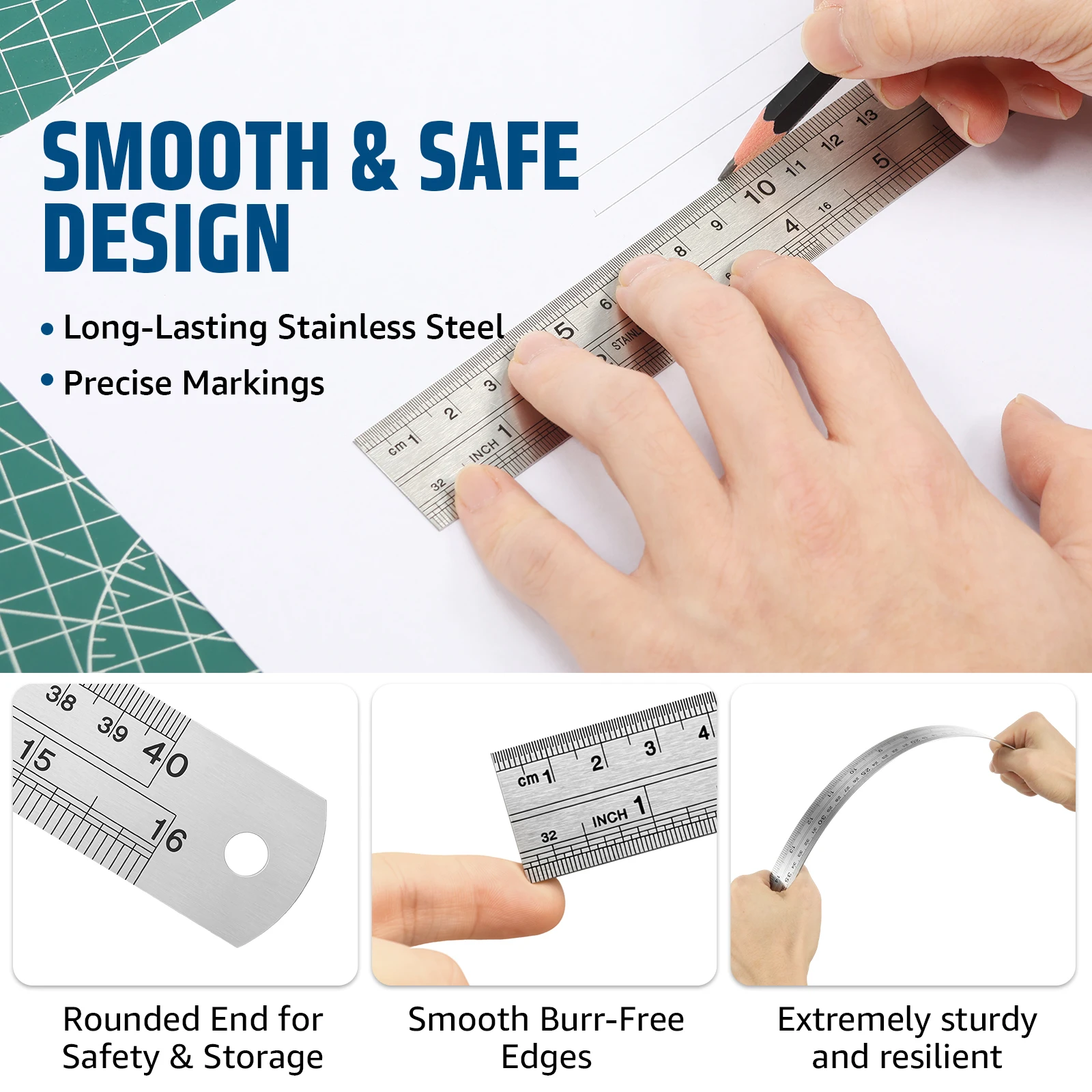 8Pcs Stainless Steel Metal Straight Ruler Precision Double Sided Precision Measuring Drawing Tool Scale Metric Ruler Accessories