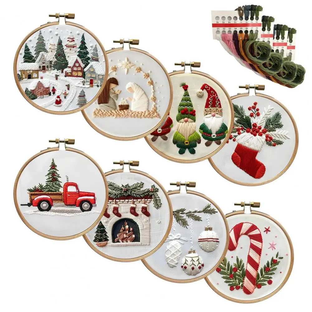 Christmas Embroidery Kit Xmas Themed Embroidery Pattern with Hoop Needles Threads DIY Embroidery Set for Adults Beginners