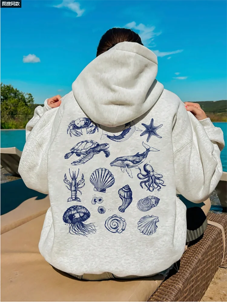 

Повседневная минималистичная толстовка свободного покроя с капюшоном и длинными рукавами с принтом океанской жизни для женщин, подходит для отпуска, двусторонних девушек