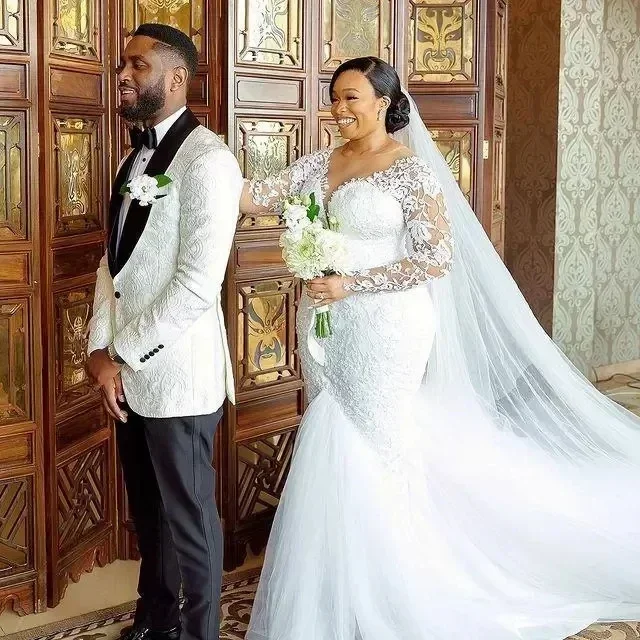 تخصيص حجم كبير العربية Aso Ebi الدانتيل مطرز حورية البحر فساتين الزفاف شير الرقبة طويلة الأكمام خمر فساتين زفاف 2023