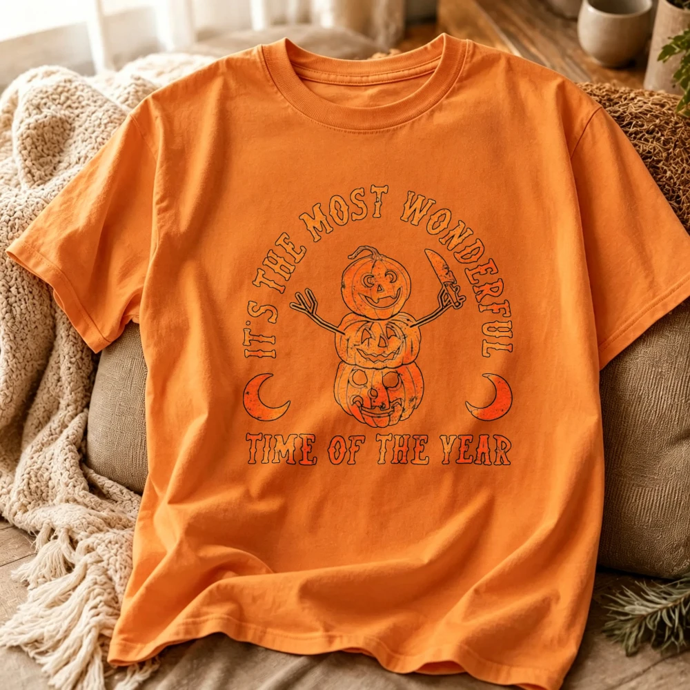 Halloween It's The Most Wonderful Time of The Year T‑Shirt Retro Stacked Pumpkin Moon Graphic Short Sleeve Crew Neck Tees Tops