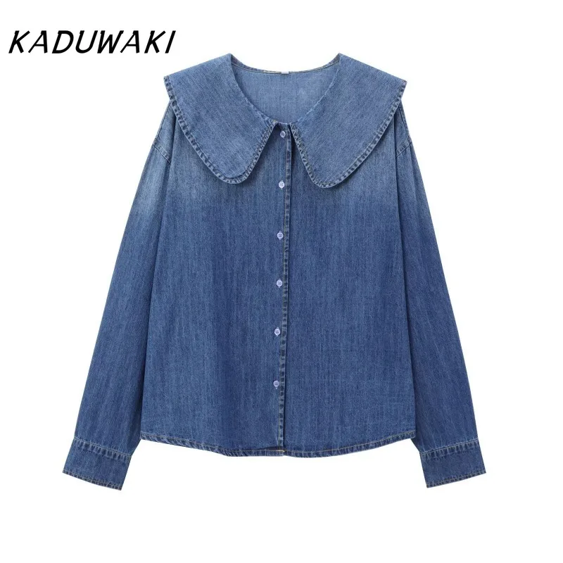 

KADUWAKI Spring Vintage Women New Fashion Lazy Style Denim Shirt Chic Doll Collar Button Versatile Top Blouses Female Clothing