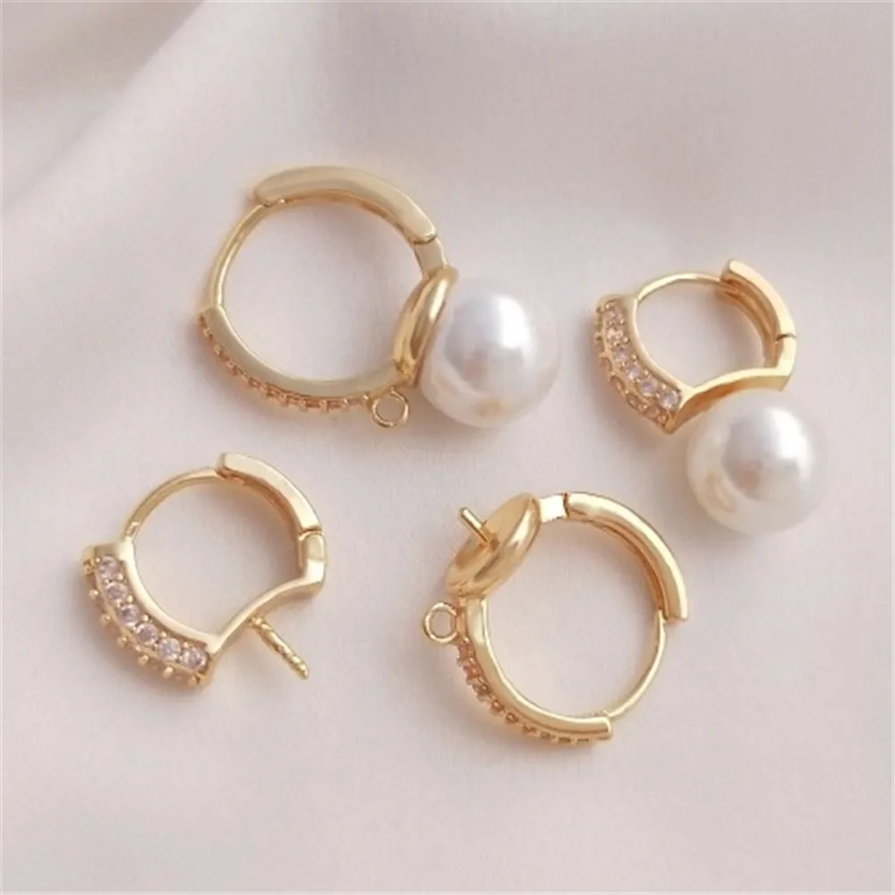14K Gold Plated Zircon Pearl Earring Clasp, Half Hole Pearl DIY Fashion Earring Accessories E234