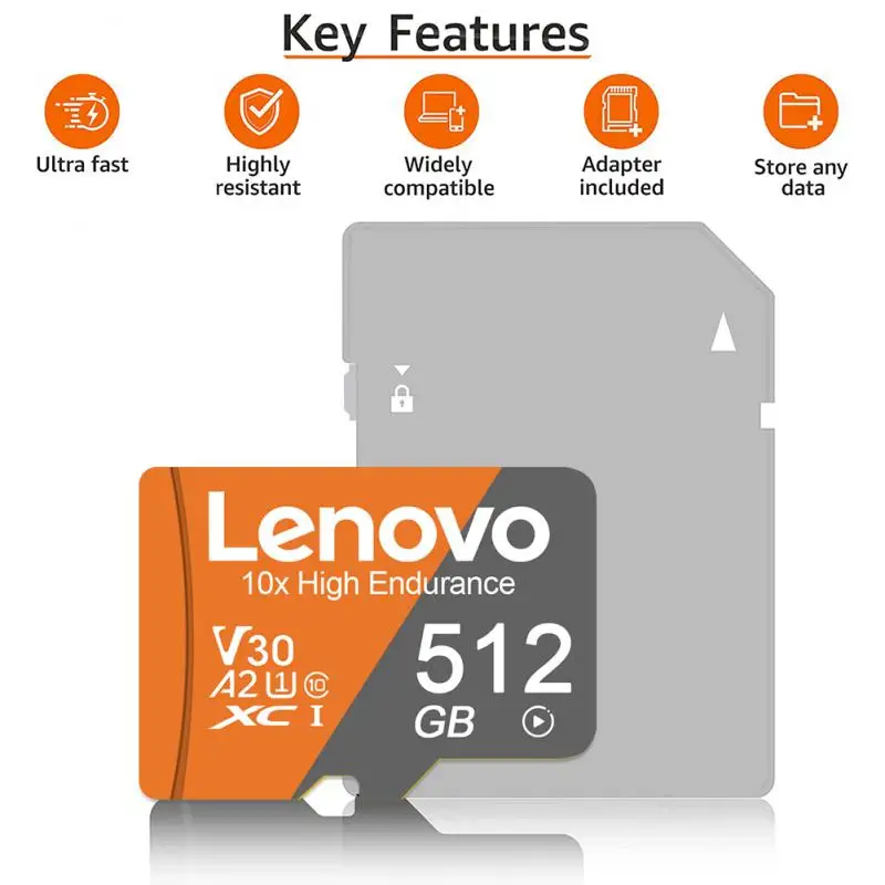 Kartu memori SD Lenovo 512GB, kartu TF mikro/SD 1TB 2TB kelas 10 kecepatan tinggi A2 kartu TF 128GB 256GB kartu Flash untuk kamera 4K