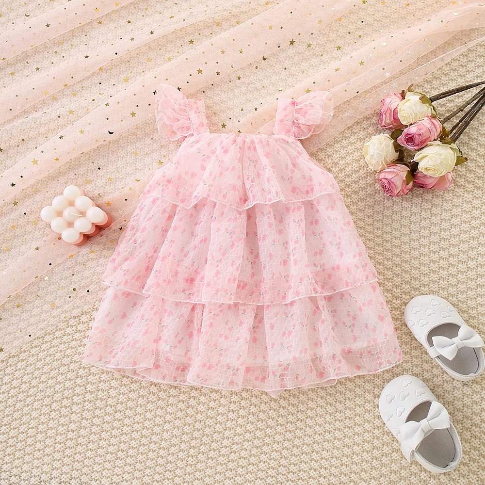 Summer New Girl Baby Dress Solid Color Flower Mesh Light and Thin Small Flying Sleeves Sweet Princess Dress