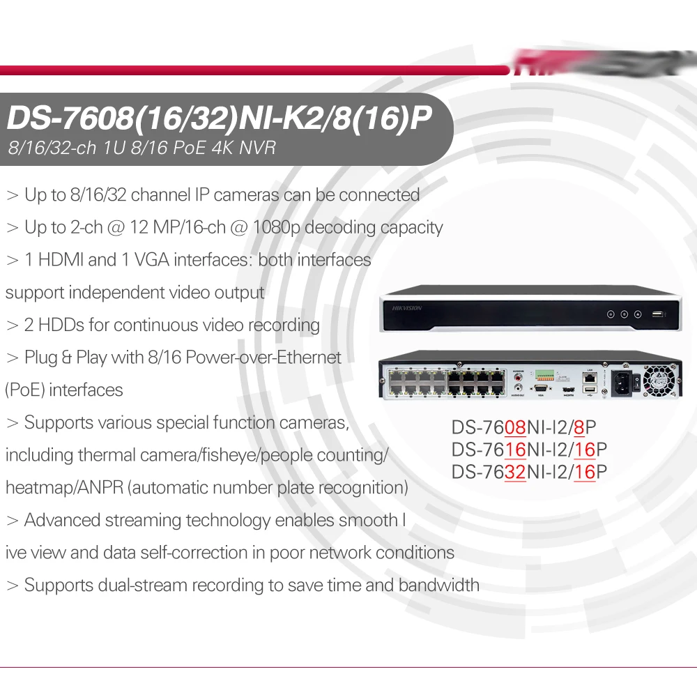 Hikvision POE NVR 8CH DS-7608NI-K2/8P 16CH DS-7616NI-K2/16P H.265 12MP Support Two way Audio Hik-CONNECT Security Surveillance