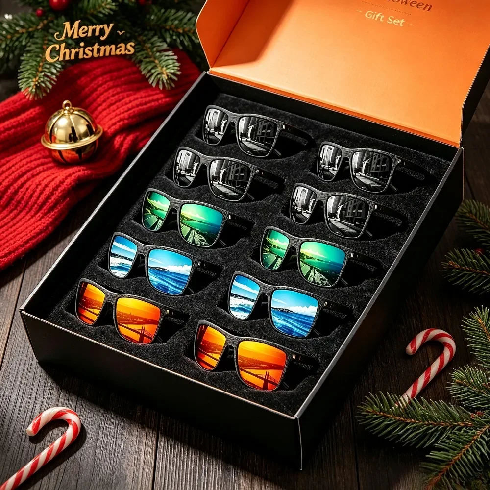 10PCS Men's and Women's Textured Square Polarized Sunglasses, Multi-colored Mirror Lenses, Suitable for Driving and Fishing Outdoor Glasses, Random Colors, Recommended Christmas and Halloween Gifts