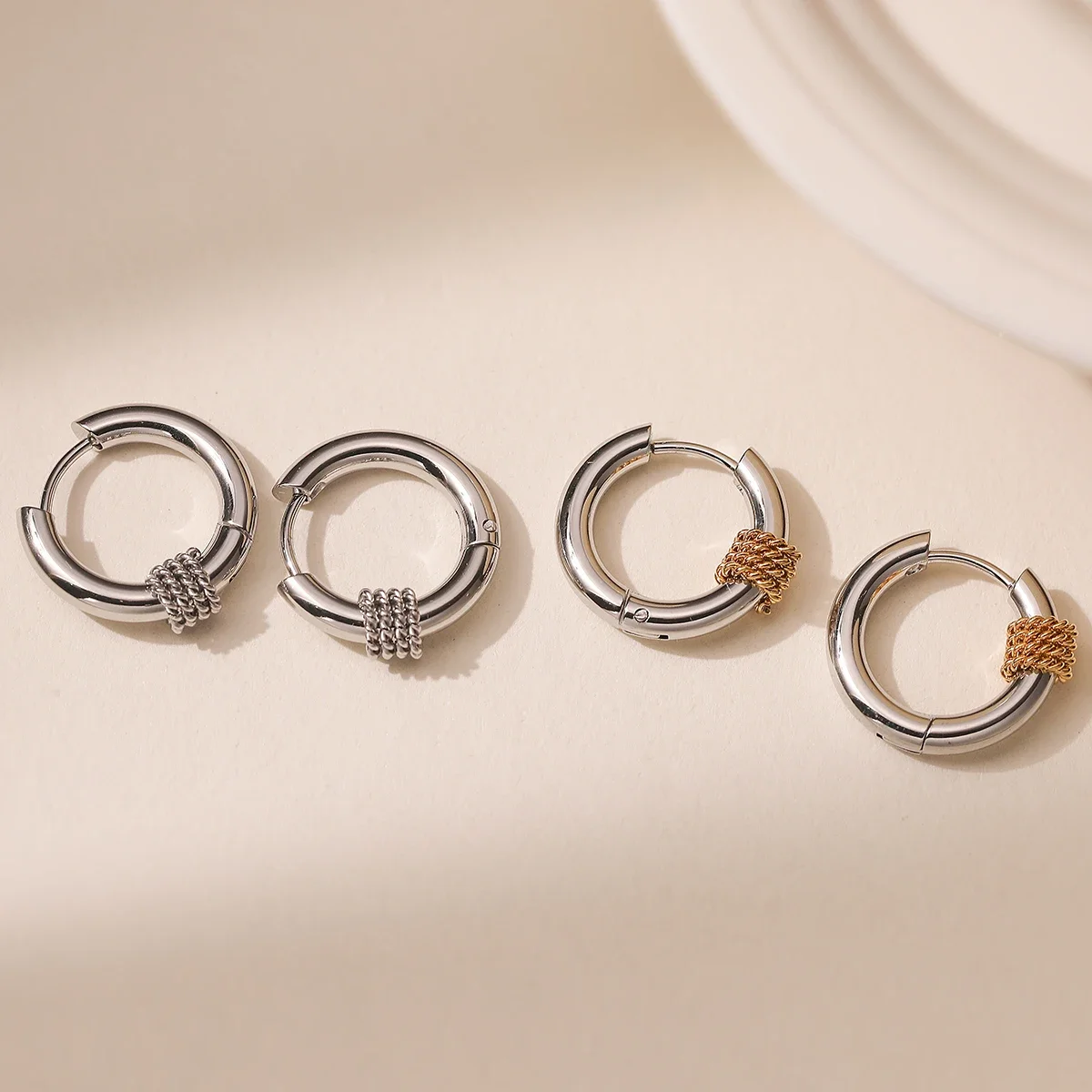 NEWBUY 316 Stainless Steel Two Tone Hoop Earrings Waterproof Minimalist Braided Bead Accent OL Style Daily Women Jewelry