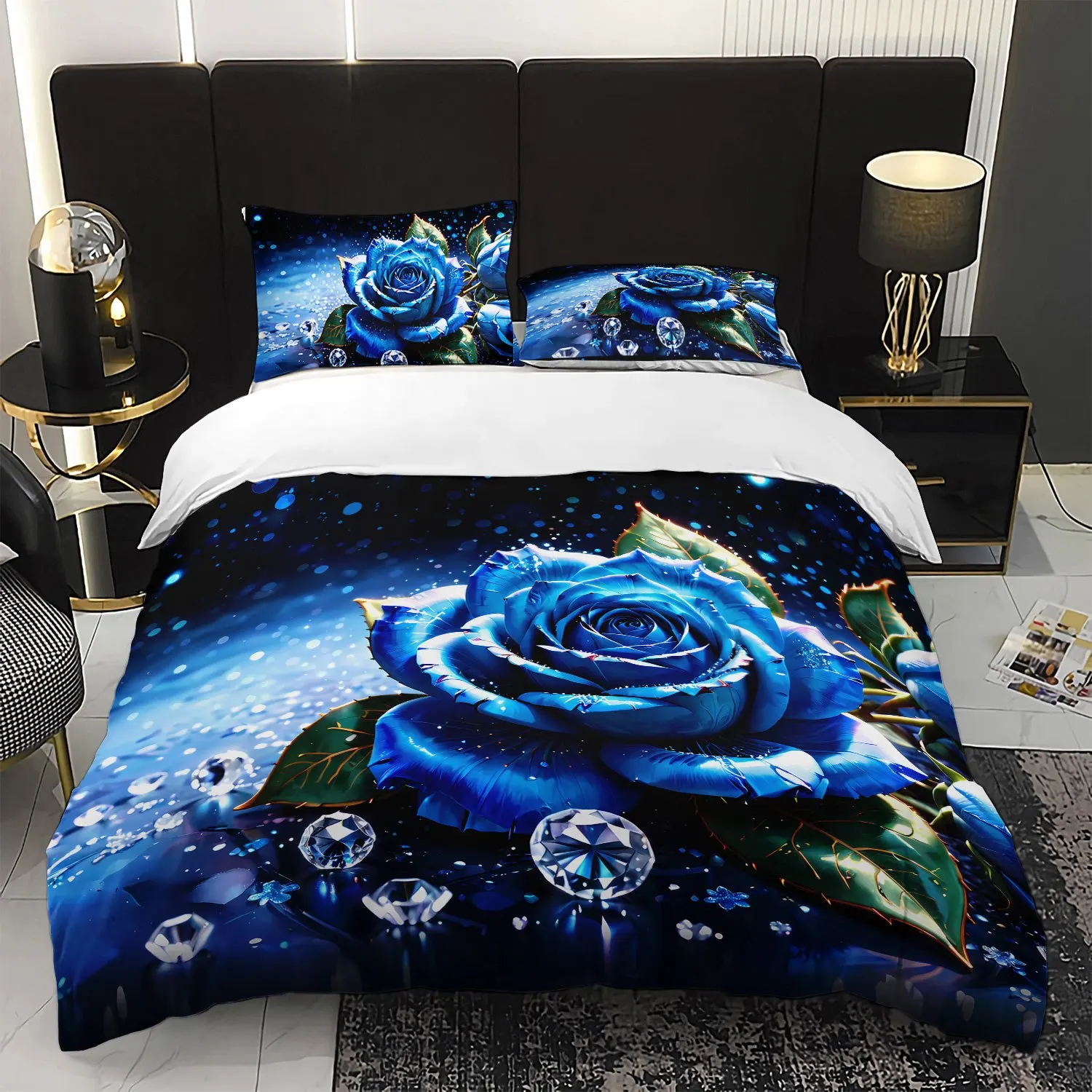 

3pcs Luxury Blue Rose Bedding Duvet Cover Set Romantic Rose Bedding Quilt Set Floral Themed Bed Quilt Set Sparkling Diamonds
