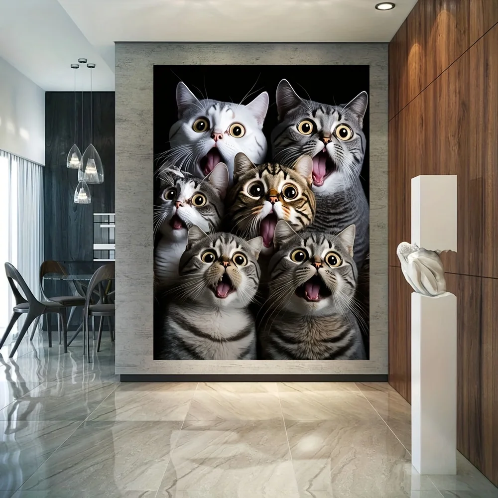 1pc Frameless Modern Cat Canvas Art Print,Canvas Painting Shocked Cats Wall Decor, Contemporary Poster for Livin