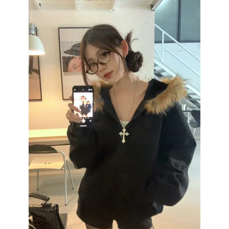 Korean Vintage Women Black Zip Up Hoodies Loose Preppy Style Faux Fur Coats Autumn Winter Harajuku Oversized Casual Sweatshirt